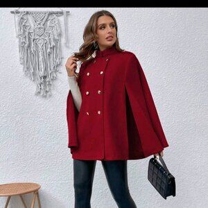 Mock Neck Double Breasted Cloak Sleeve Cape